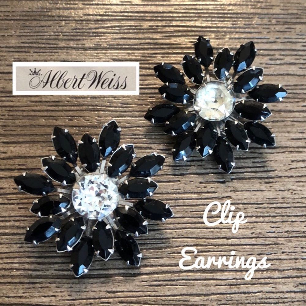 WEISS Black Rhinestone Flower Cluster Clip Earring